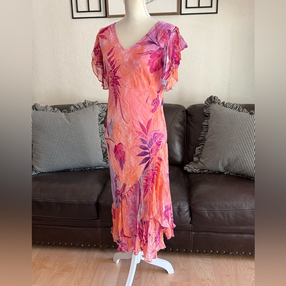 Vintage PHOOL Bright & Colorful Floral Dress Ruffle Asymmetrical Hem Rare 90s - Picture 5 of 15